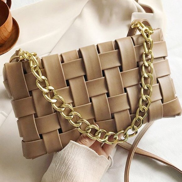 NWT Soft Vegan Leather Woven Shoulder & Crossbody Bag in Mocha - Picture 2 of 4